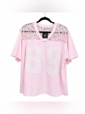 Women’s 89 Lace Jersey Graphic Tee Light Pink Medium Oversized Y2K Casual Top